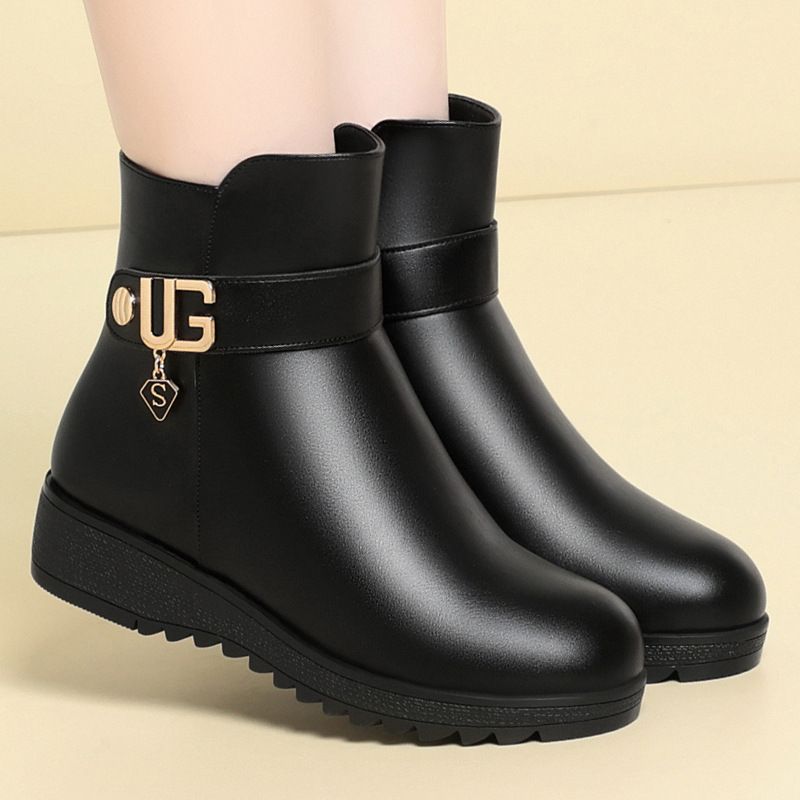 简约高级妈妈鞋冬季棉鞋秋冬老人短靴中老年女鞋皮鞋中年冬鞋