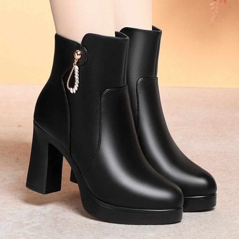 简约高级短靴女加厚女靴秋冬季绒毛高跟靴子中跟妈妈棉鞋冬