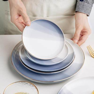 北欧金边牛排餐盘家用陶瓷西餐餐具意面盘创意菜盘圆盘网红沙拉盘