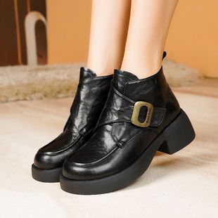 女士乐福鞋小皮鞋厚度百搭单靴中跟显脚小黑色英伦风时尚单鞋