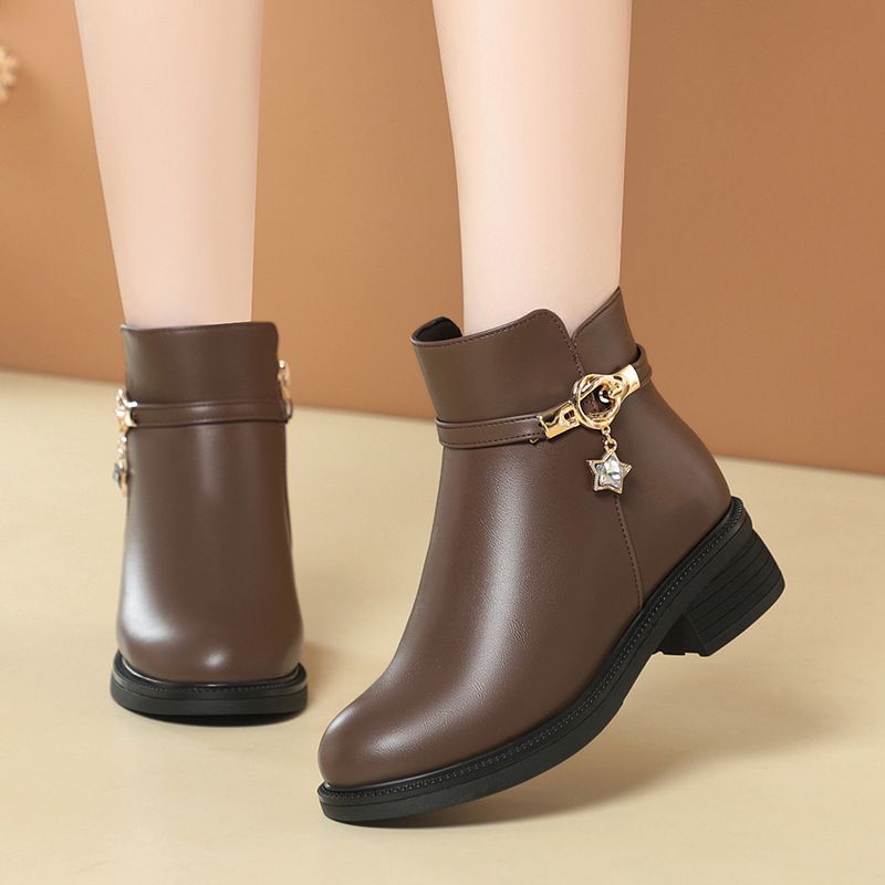 简约高级秋冬短靴新款软皮棉鞋保暖女靴皮鞋中老年粗跟短筒靴