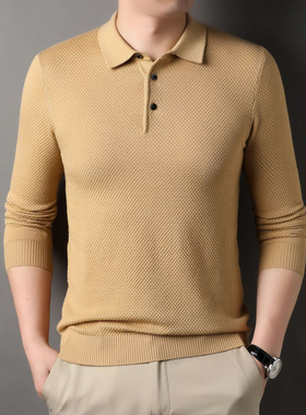色翻领针织polo衫男早春商务休闲宽松长袖毛衣含品质套头上衣服