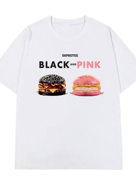 blackpink汉堡印花圆领短袖T恤男女同款大码宽松街头潮牌胖子衣服