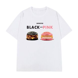 blackpink汉堡印花圆领短袖T恤男女同款大码宽松街头潮牌胖子衣服