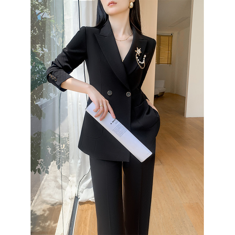黑色西装套装女春秋高级感时尚气质职业正装阔腿裤休闲小西服外套