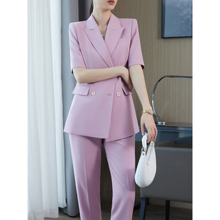 短袖 夏季 套装 薄款 小个子职业休闲西服 女2024新款 粉紫色高级感西装