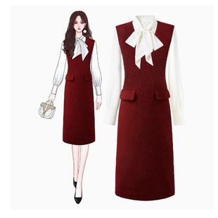 秋冬红色小香风毛呢背心裙名媛风修身显瘦轻奢高级感中长款连衣裙