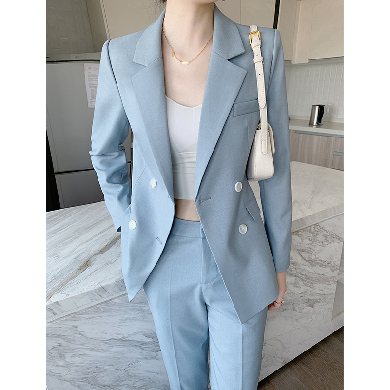 蓝色休闲西装套装女高级感春秋职业正装气质女神范小个子西服外套