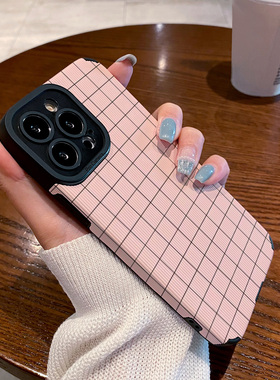 适用OPPO reno11 10 9 8 7 6 PRO+手机壳新款硅胶软reno5 14 reno8pro 7se 5G女保护套粉底黑色线条格子