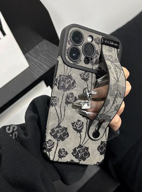 2024新款秋冬适用vivo S17 S16 S15 S12 S10 pro手机壳s9 s7情侣皮质s16pro  s30黑玫瑰高级感防摔腕带支架