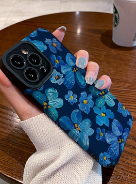 小众蓝色油画花朵适用vivo S17 S16 S15 S12 S10 pro手机壳vivo s9 s7 s6 s16pro s1 s30 e保护套硅胶软壳女
