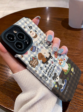 适用vivo s50手机壳s30/s20/s19/s18/s17/s16e/s15/s12/10/pro新款promini皮质软防摔保护套可爱格纹小狗涂鸦