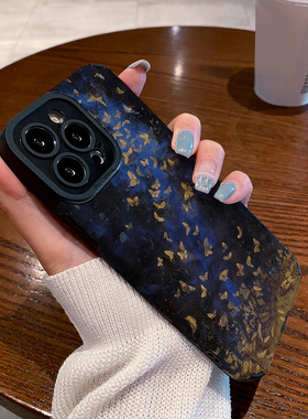 适用苹果15手机壳iphone15promax新款蓝色涂鸦金色蝴蝶16pro硅胶13防摔12情侣11高级X Xsmax 14plus XR保护套