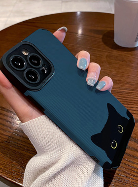 适用OPPO reno11 10 9 8 7 6 PRO+手机壳新款硅胶软reno5 14 reno8pro 7se 5G女保护套蓝底油画黑色猫咪