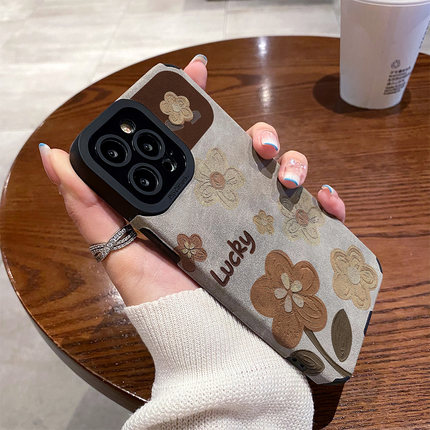适用OPPO reno14手机壳reno13/12/11/10/9/8/7/6/5/pro硅胶皮质防摔新款秋冬翻毛皮油画幸运花朵高级感保护套