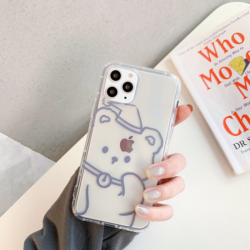 透明可爱卡通线条小熊iphone12pro手机壳苹果X/Xs/Max软壳mini/8plus/7p女xr防摔超薄保护套简约日韩网红新款