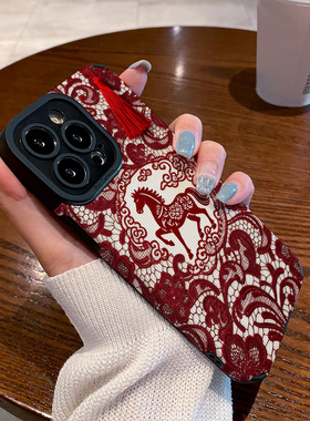 适用一加15手机壳一加ACE5新款3防摔2PRO硅胶1+13皮纹12软11镜头全包11R高级男女保护套外壳红色蕾丝花纹马年