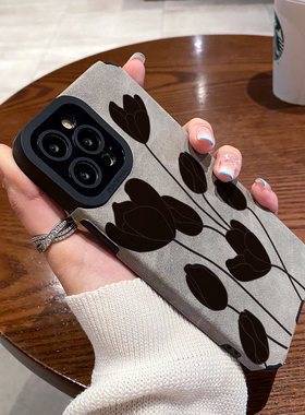 翻毛皮黑色小花适用苹果15 iphone14 13pro 12mini max手机壳iphoneX 11 Xsmax 16plus   XR保护套硅胶软壳女