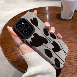 翻毛皮黑色小花适用苹果15 iphone14 13pro 12mini max手机壳iphoneX 18 Xsmax 16plus   XR保护套硅胶软壳女