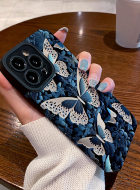 适用小米红米k70e k60 K20 k90PRO手机壳新款皮质软全包k90s至尊版 K40 K50 PRO 保护套小众蓝色复古蝴蝶标本