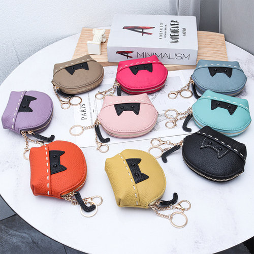 头层牛皮小黑猫零钱包