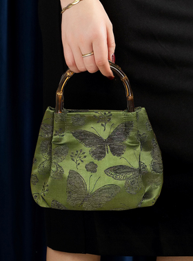 名媛旗袍宴会包女文艺国风轻奢手工刺绣竹节手提小包包绿色宴会包