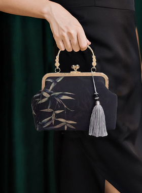 2026冬天新款时尚竹叶印花汉服宴会口金包手提小包包链条单肩小包