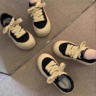 厚底增高黑色鞋子2025新款韩版板鞋学生日系复古潮鞋百搭运动鞋女