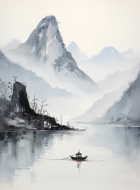 中式水墨山水自粘防水装饰画