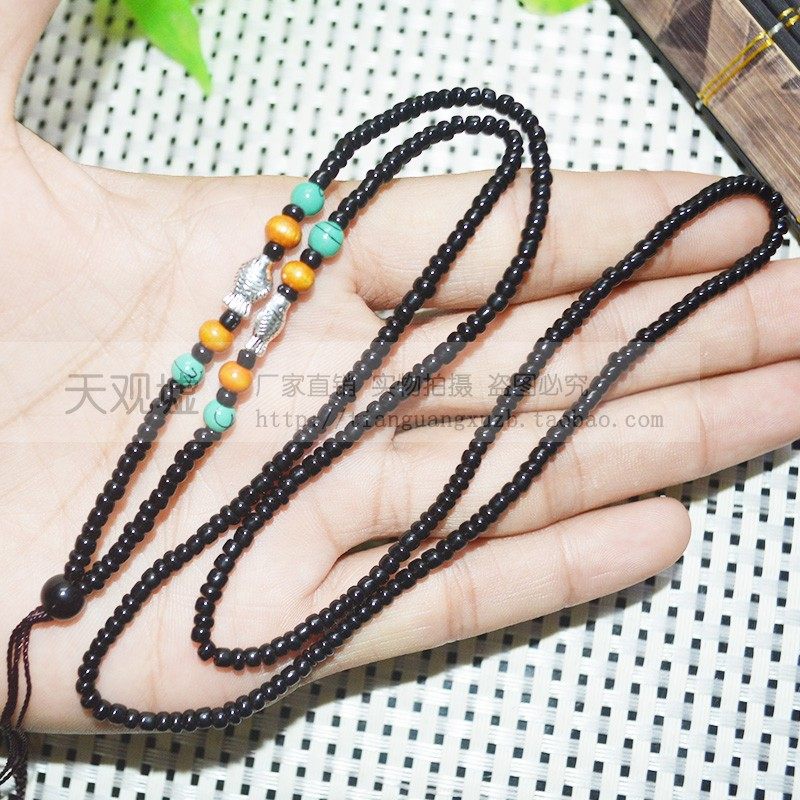 新品热销黑色算盘珠金三鱼股线编织藏银鱼项链经典挂绳男绳直销