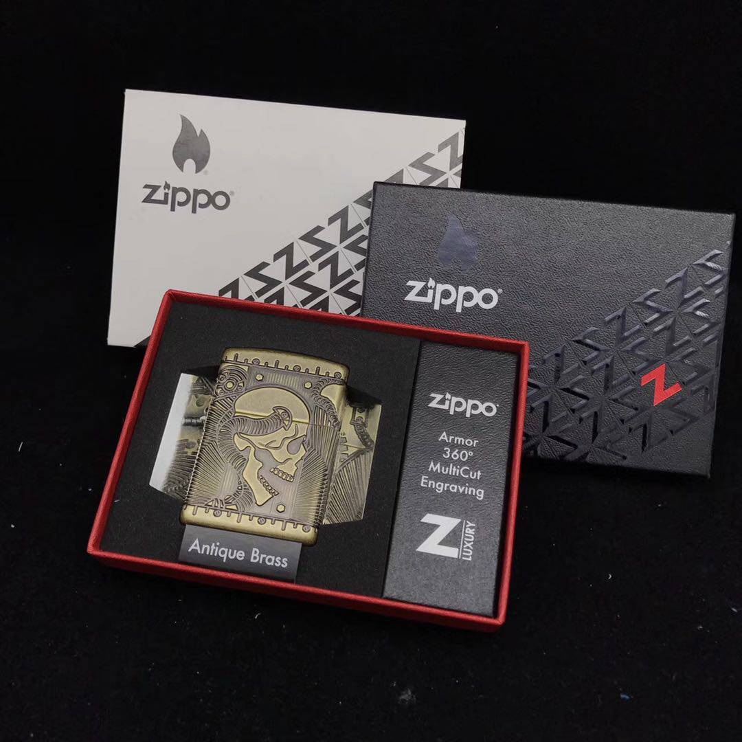 正品Zippo煤油防风火机仿古铜盔甲四面环绕深雕朋克骷髅29268送礼