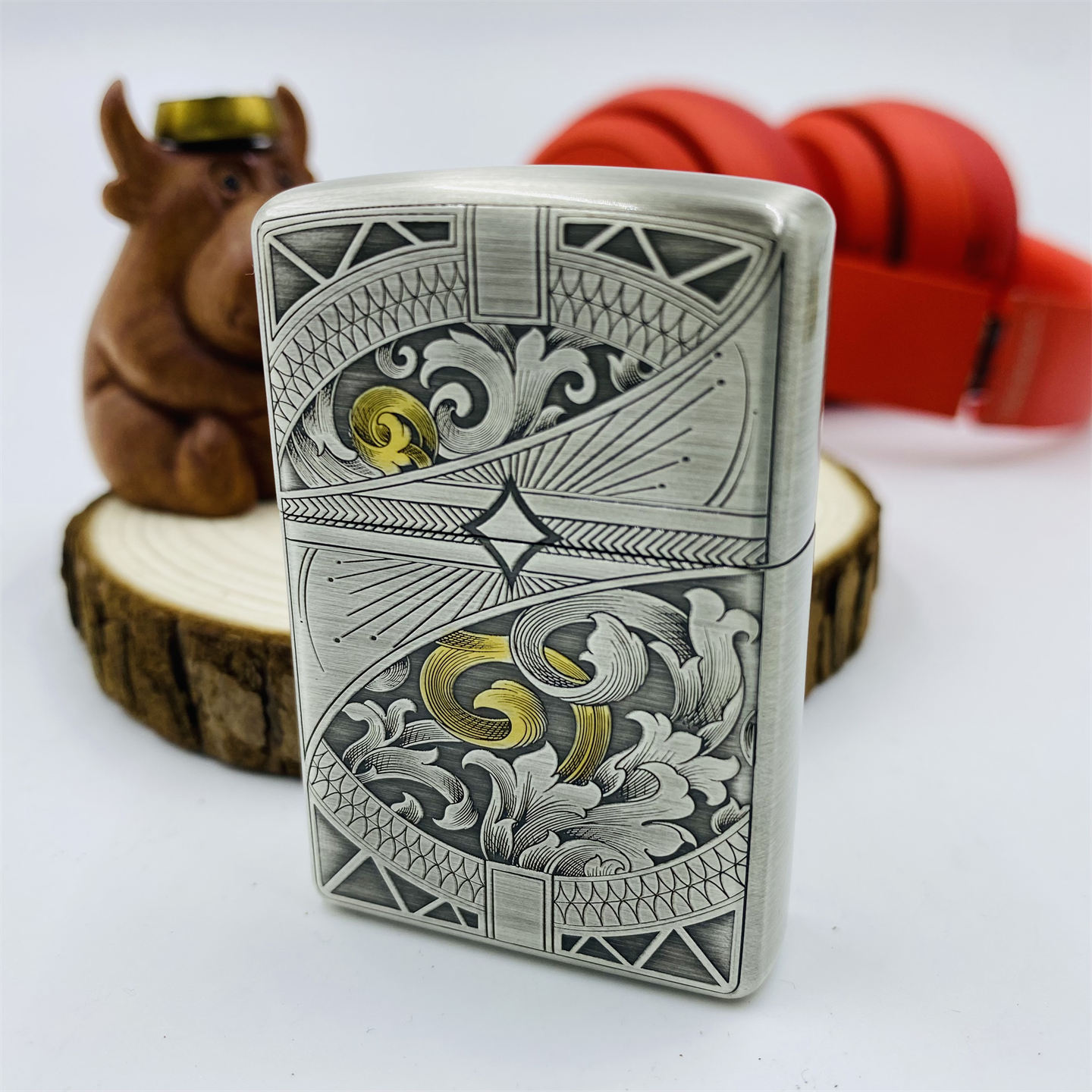ZIPPO唐草富贵花雕刻镀金