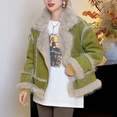 皮毛一体翻领夹克女加绒加厚