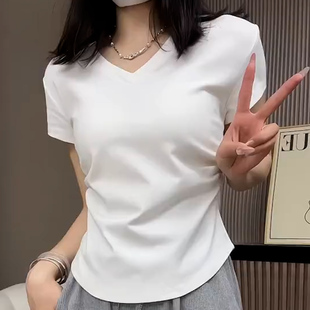 通勤风V领短袖 收腰显瘦百搭上衣正肩掐腰设计感小众 T恤女白色修身
