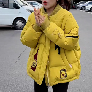 冬季新款女士黄色卡通羽绒棉服宽松通勤加厚保暖棉衣时尚百搭外套
