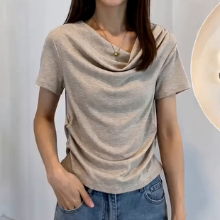 设计感荡领短袖 显瘦别致褶皱上衣简约穿搭设计一字领 T恤女夏修身