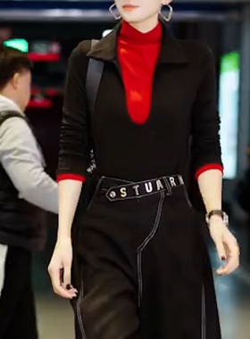 时尚撞色拼接假两件内搭上衣高级感显瘦修身长袖小众设计感T恤女
