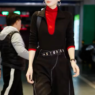 时尚撞色拼接假两件内搭上衣高级感显瘦修身长袖小众设计感T恤女