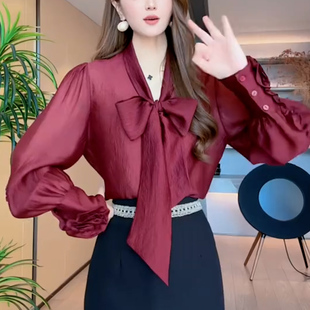 红色V领飘带衬衫女长袖通勤风宽松显瘦气质上衣遮肉气质休闲上衣