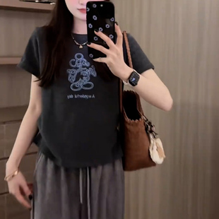 小衫 T恤女宽松圆领纯棉打底上衣趣味透气亲肤短袖 通勤风印花短袖