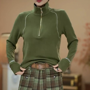 小众气质宽松显瘦立领撞色长袖打底衫卫衣休闲百搭外穿半拉链上衣