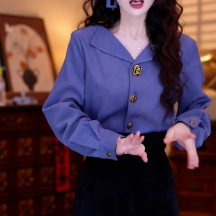 轻熟风长袖V领衬衫女宽松气质设计感金属纽扣百搭上衣时尚简约女