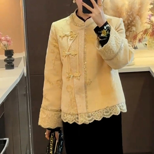 新中式风立领盘扣棉服女冬季蕾丝边直筒通勤外套时尚蕾丝边羽绒服