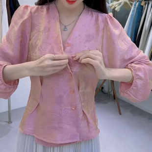甜美风粉色泡泡袖 减龄显瘦上衣新中式 国风减龄女装 V领系带雪纺衫