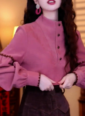 复古立领长袖衬衫女冬季新款纯色灯笼袖显瘦设计感上衣减龄衬衣女