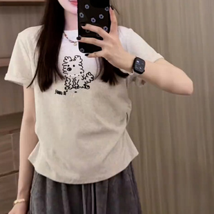 圆领设计感显瘦上衣刺绣小狗图案小衫 上衣 T恤女夏季 卡通印花短袖