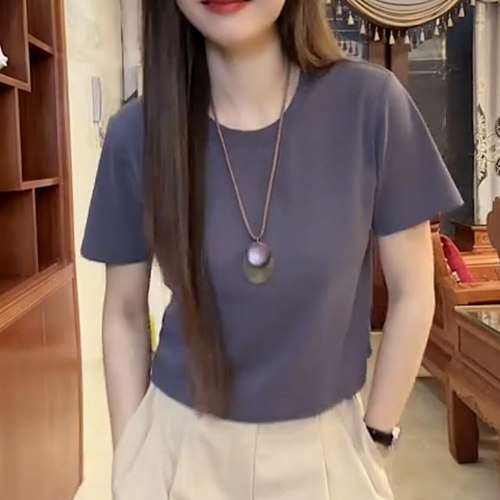 圆领短袖宽松显瘦高腰纯色T恤女