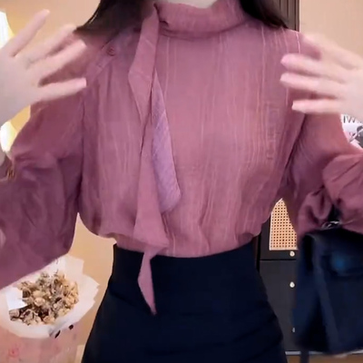 复古条纹绑带蕾丝通勤长袖衬衫女