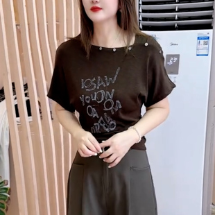 显瘦短袖t恤女夏季薄款字母印花圆领上衣高级感一字肩短袖小衫女