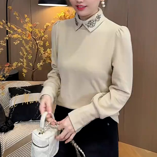 翻领长袖衬衫女宽松通勤百搭时髦上衣手工钉珠高级感烫钻显瘦长袖